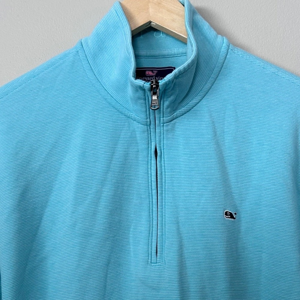 Vineyard Vines 1/4 Zip Pullover Mens L Blue Ribbed Cotton Blend Whale Preppy